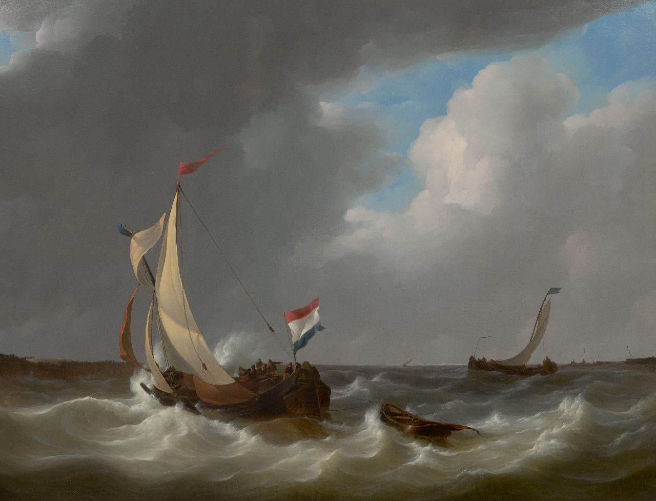 Schotel J.C.  | Johannes Christianus Schotel | Schilderijen te koop aangeboden | Laverende schepen bij naderende storm, olieverf op doek 71,4 x 93,3 cm, gesigneerd linksonder en gedateerd 1829