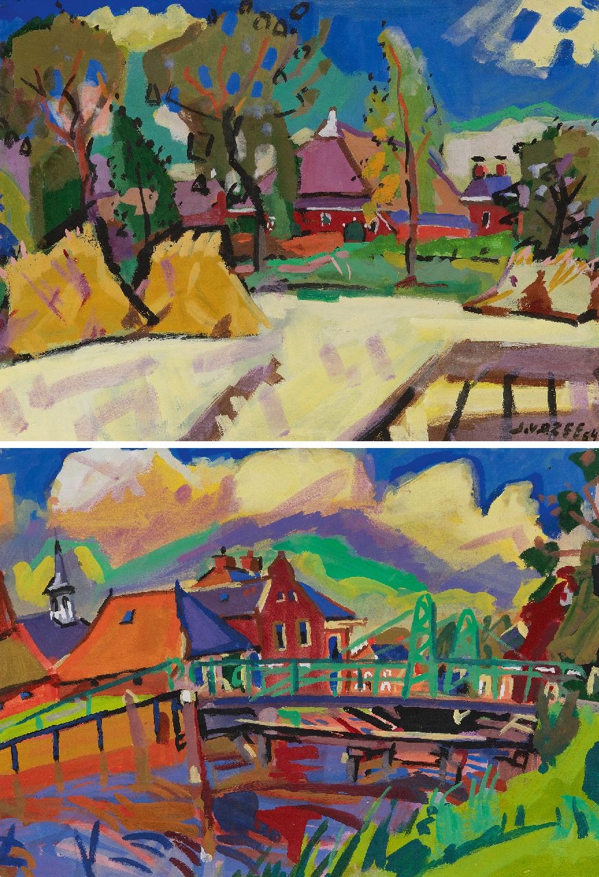 Zee J. van der | Jan van der Zee | Aquarellen en tekeningen te koop aangeboden | Boerenerf; verso: Onderdendam, gouache op papier 54,5 x 75,3 cm, gesigneerd rechtsonder en gedateerd '54 Zee J. van der | Jan van der Zee | Aquarellen en tekeningen te koop aangeboden | Boerenerf; verso: Onderdendam, gouache op papier 54,5 x 75,3 cm, gesigneerd rechtsonder en gedateerd '54