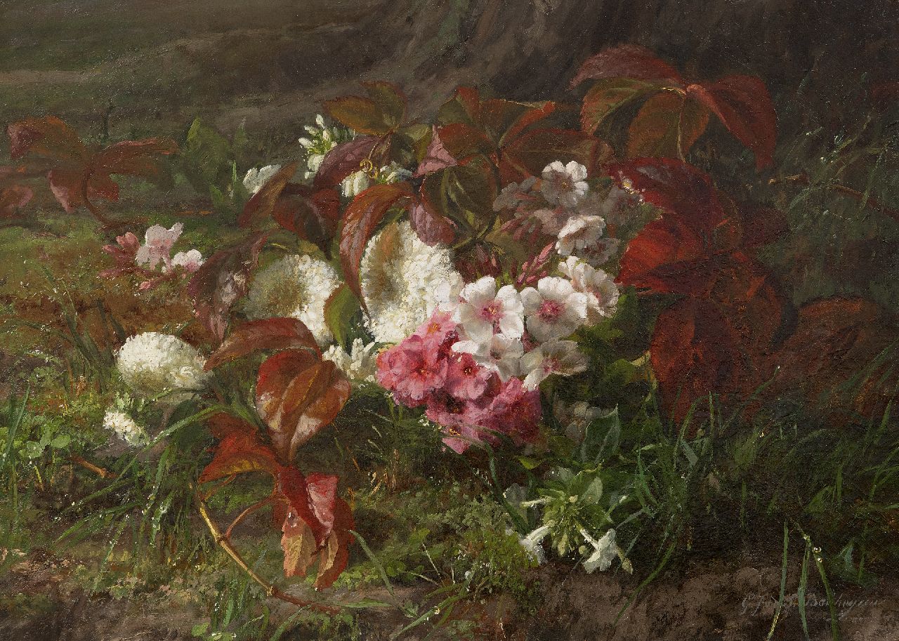 Sande Bakhuyzen G.J. van de | 'Gerardine' Jacoba van de Sande Bakhuyzen | Schilderijen te koop aangeboden | Primula's, phloxen en asters op de bosgrond, olieverf op doek 34,3 x 47,3 cm, gesigneerd rechtsonder Sande Bakhuyzen G.J. van de | 'Gerardine' Jacoba van de Sande Bakhuyzen | Schilderijen te koop aangeboden | Primula's, phloxen en asters op de bosgrond, olieverf op doek 34,3 x 47,3 cm, gesigneerd rechtsonder
