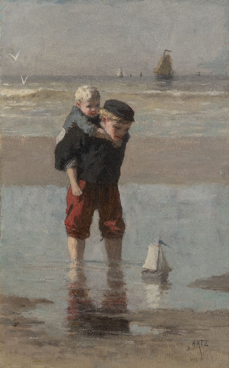 Artz D.A.C. | David Adolphe Constant Artz | Schilderijen te koop aangeboden | Spelende visserskinderen op het strand, olieverf op doek 43,1 x 27,0 cm, gesigneerd rechtsonder Artz D.A.C. | David Adolphe Constant Artz | Schilderijen te koop aangeboden | Spelende visserskinderen op het strand, olieverf op doek 43,1 x 27,0 cm, gesigneerd rechtsonder