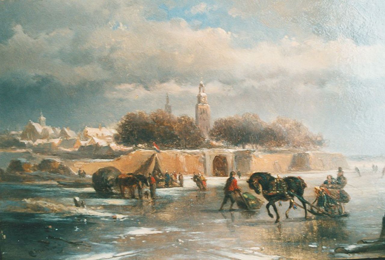 Verschuur W. | Wouterus Verschuur, Winters gezicht op Zutphen, olieverf op paneel 15,4 x 22,7 cm, gesigneerd linksonder Verschuur W. | Wouterus Verschuur, Winters gezicht op Zutphen, olieverf op paneel 15,4 x 22,7 cm, gesigneerd linksonder