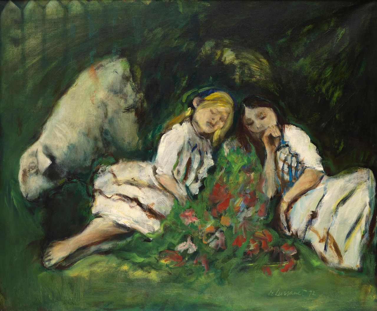Lussanet P. de | Paul de Lussanet | Schilderijen te koop aangeboden | Repos après le jeu (Uitrusten na het spelen), olieverf op doek 100,0 x 120,4 cm, gesigneerd rechtsonder en gedateerd '72