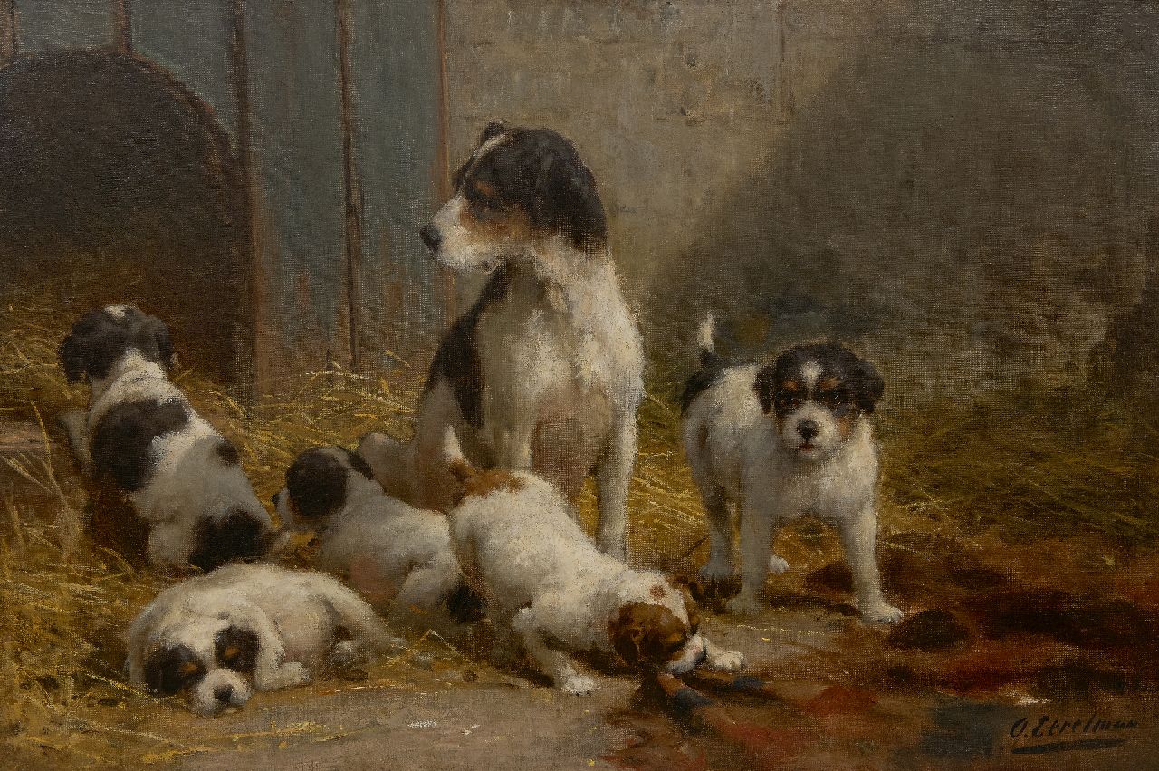 Eerelman O. | Otto Eerelman | Schilderijen te koop aangeboden | Waakzame moeder en haar jongen in een schuur, olieverf op doek 59,7 x 89,7 cm, gesigneerd rechtsonder Eerelman O. | Otto Eerelman | Schilderijen te koop aangeboden | Waakzame moeder en haar jongen in een schuur, olieverf op doek 59,7 x 89,7 cm, gesigneerd rechtsonder