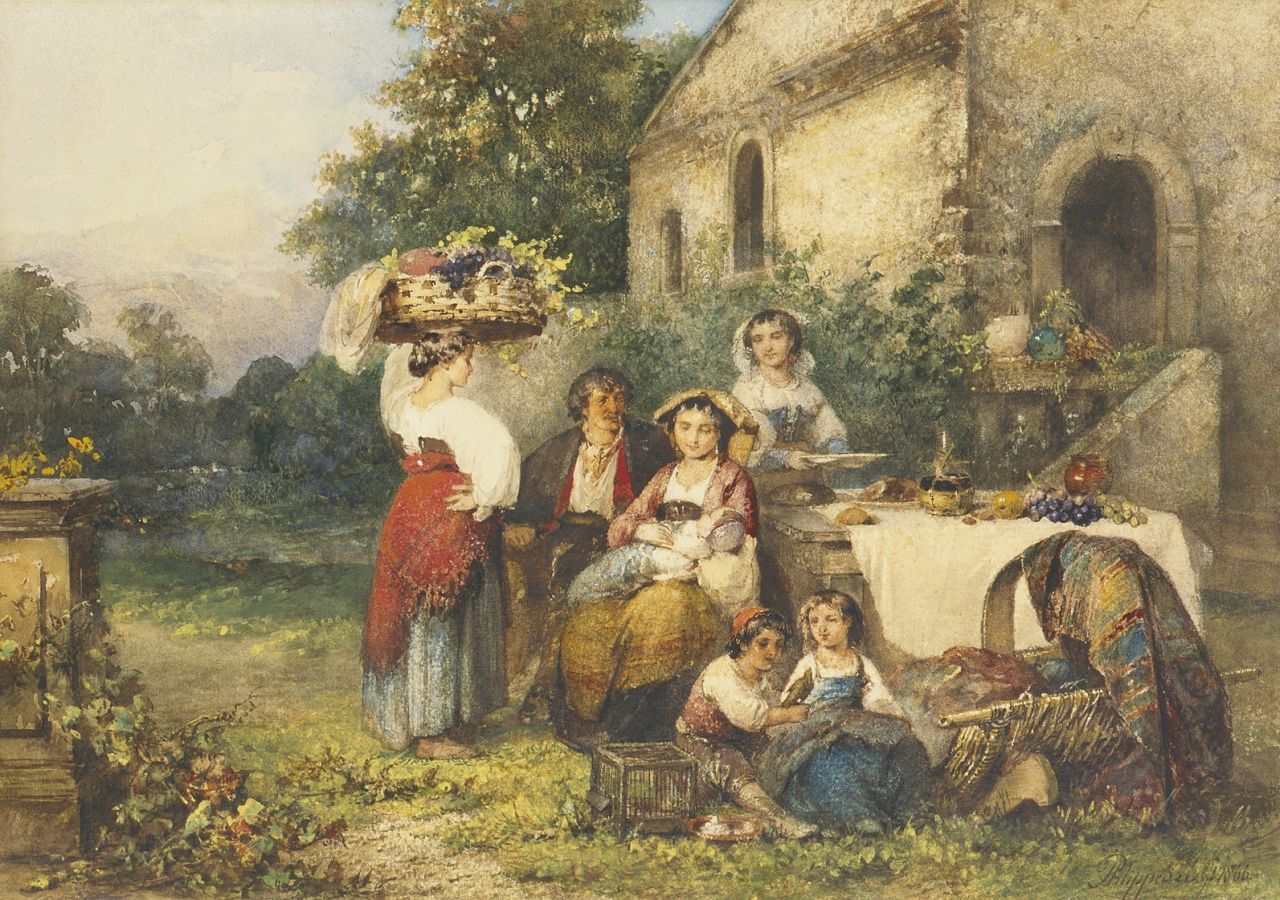 Philippeau K.F. | Karel Frans 'C.F.' Philippeau, Maaltijd in de campagna, aquarel op papier 26,5 x 36,0 cm, gesigneerd rechtsonder en gedateerd 1866 Philippeau K.F. | Karel Frans 'C.F.' Philippeau, Maaltijd in de campagna, aquarel op papier 26,5 x 36,0 cm, gesigneerd rechtsonder en gedateerd 1866