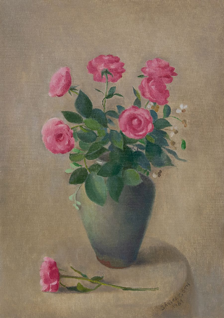 Góth C. | Charlotte 'Sarika' Góth | Schilderijen te koop aangeboden | Vaas met roze rozen, olieverf op doek 50,4 x 35,7 cm, gesigneerd linksonder en gedateerd 1981 Góth C. | Charlotte 'Sarika' Góth | Schilderijen te koop aangeboden | Vaas met roze rozen, olieverf op doek 50,4 x 35,7 cm, gesigneerd linksonder en gedateerd 1981