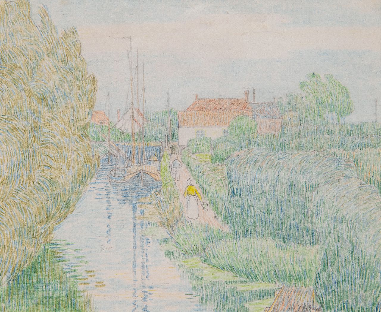 Toorop J.Th. | Johannes Theodorus 'Jan' Toorop | Aquarellen en tekeningen te koop aangeboden | Zeeuws landschap met figuren lopend langs een vaartje, kleurpotlood en aquarel op papier 14,1 x 17,0 cm, gesigneerd rechtsonder Toorop J.Th. | Johannes Theodorus 'Jan' Toorop | Aquarellen en tekeningen te koop aangeboden | Zeeuws landschap met figuren lopend langs een vaartje, kleurpotlood en aquarel op papier 14,1 x 17,0 cm, gesigneerd rechtsonder