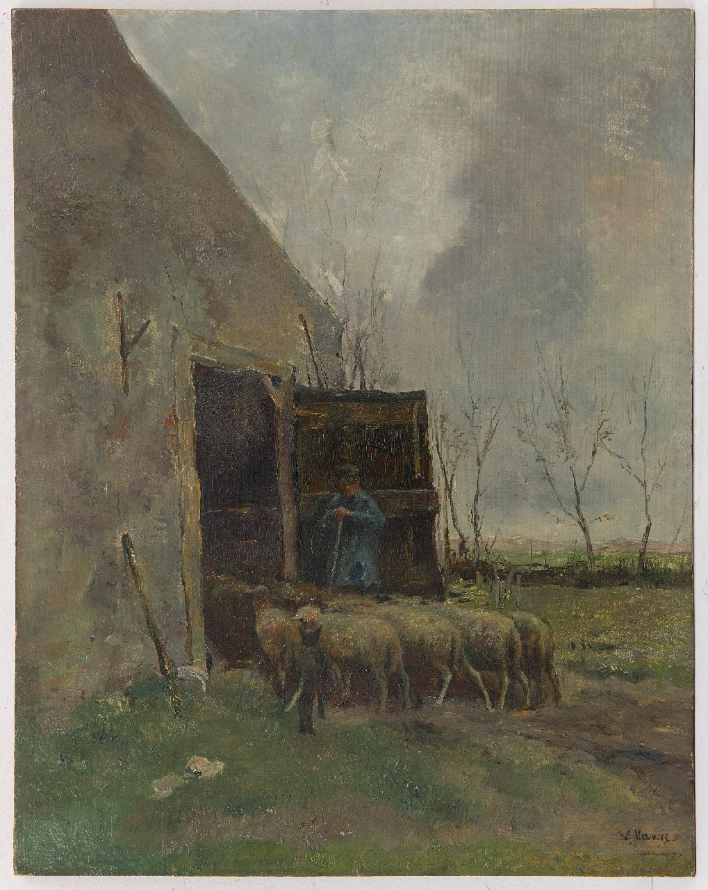 Mauve A. | Anthonij 'Anton' Mauve, Schapen en herder bij de schuur, olieverf op paneel 46,1 x 36,2 cm, gesigneerd rechtsonder Mauve A. | Anthonij 'Anton' Mauve, Schapen en herder bij de schuur, olieverf op paneel 46,1 x 36,2 cm, gesigneerd rechtsonder