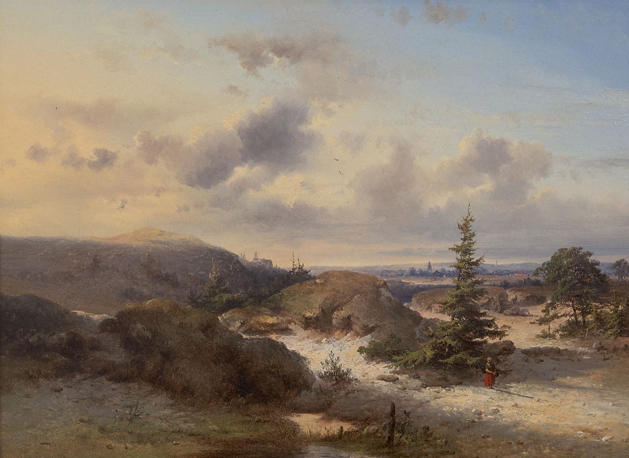 Kluyver P.L.F.  | 'Pieter' Lodewijk Francisco Kluyver | Schilderijen te koop aangeboden | Landschap met wandelende vrouw, dorp op achtergrond, olieverf op paneel 34,0 x 47,0 cm, gesigneerd linksonder