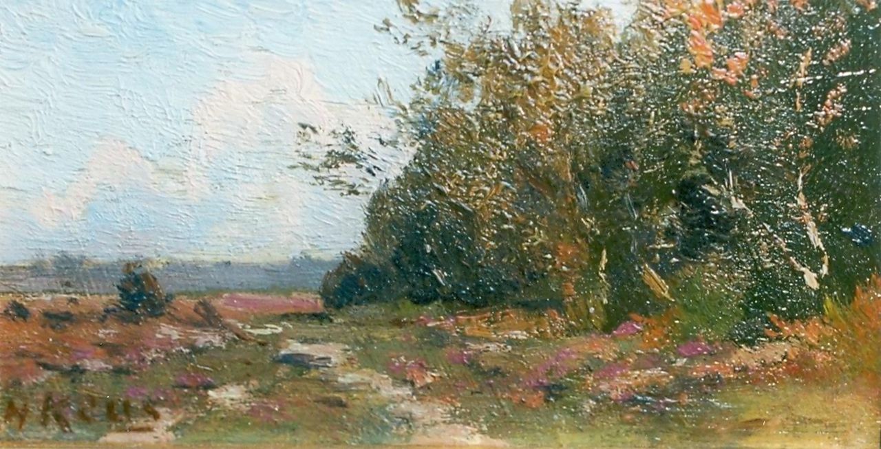 Keus A. | Adriaan Keus, Heidelandschap, olieverf op paneel 8,5 x 15,3 cm, gesigneerd linksonder Keus A. | Adriaan Keus, Heidelandschap, olieverf op paneel 8,5 x 15,3 cm, gesigneerd linksonder