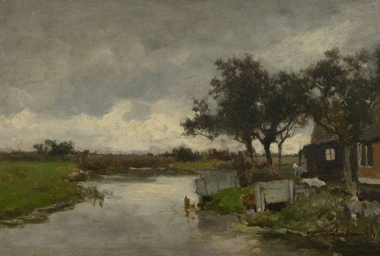 Weissenbruch H.J. | Hendrik Johannes 'J.H.' Weissenbruch | Schilderijen te koop aangeboden | Wasdag (mogelijk uitzicht vanaf de achterplaats van herberg 'Het Vliegende Paard', Nieuwkoop), olieverf op paneel 23,9 x 36,1 cm, gesigneerd rechtsonder Weissenbruch H.J. | Hendrik Johannes 'J.H.' Weissenbruch | Schilderijen te koop aangeboden | Wasdag (mogelijk uitzicht vanaf de achterplaats van herberg 'Het Vliegende Paard', Nieuwkoop), olieverf op paneel 23,9 x 36,1 cm, gesigneerd rechtsonder