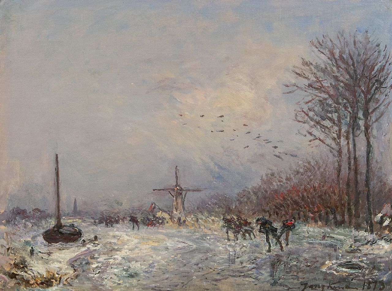 Jongkind J.B.  | Johan Barthold Jongkind | Schilderijen te koop aangeboden | Hollandse vaart met schaatsers, olieverf op doek 25,2 x 35,3 cm, gesigneerd rechtsonder en gedateerd 1873