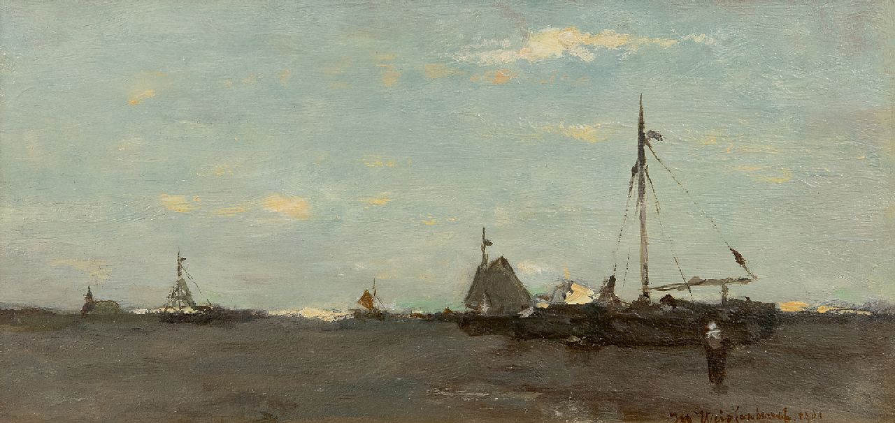 Weissenbruch H.J.  | Hendrik Johannes 'J.H.' Weissenbruch | Schilderijen te koop aangeboden | Drooggevallen bomschuiten op het strand van Scheveningen, olieverf op paneel 15,6 x 31,2 cm, gesigneerd rechtsonder en gedateerd 1901