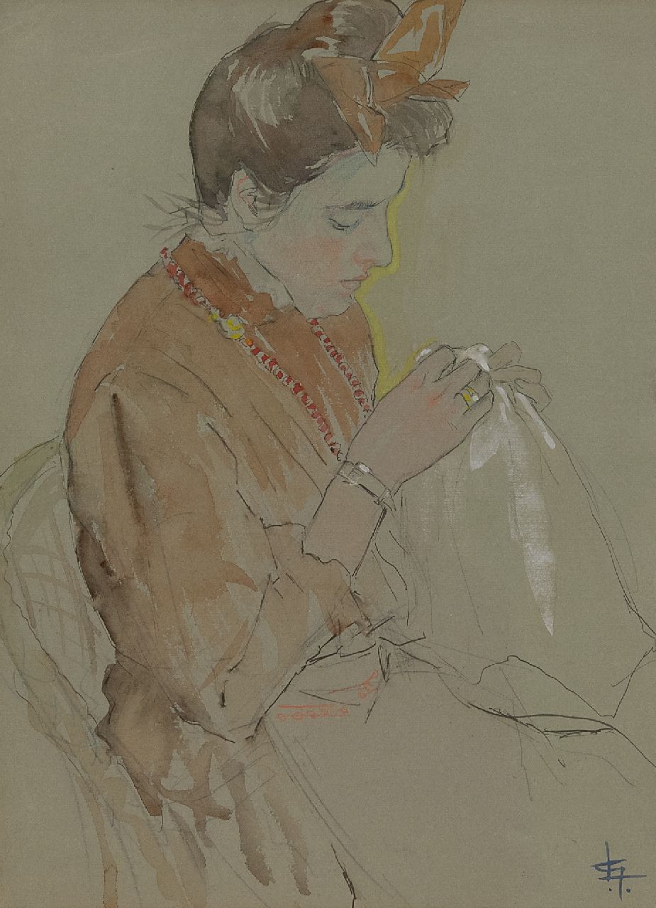 Gestel L. | Leendert 'Leo' Gestel | Aquarellen en tekeningen te koop aangeboden | Portret van Anna, de zuster van de schilder, bordurend, aquarel op papier 31,0 x 23,0 cm, gesigneerd rechtsonder met monogram Gestel L. | Leendert 'Leo' Gestel | Aquarellen en tekeningen te koop aangeboden | Portret van Anna, de zuster van de schilder, bordurend, aquarel op papier 31,0 x 23,0 cm, gesigneerd rechtsonder met monogram