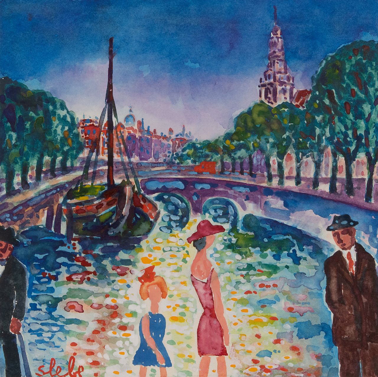 Slebe (Ferdinand Joseph Sleebe) F.  | Ferry Slebe (Ferdinand Joseph Sleebe) | Aquarellen en tekeningen te koop aangeboden | Prinsengracht, Amsterdam, aquarel op papier 23,1 x 23,1 cm, gesigneerd linksonder
