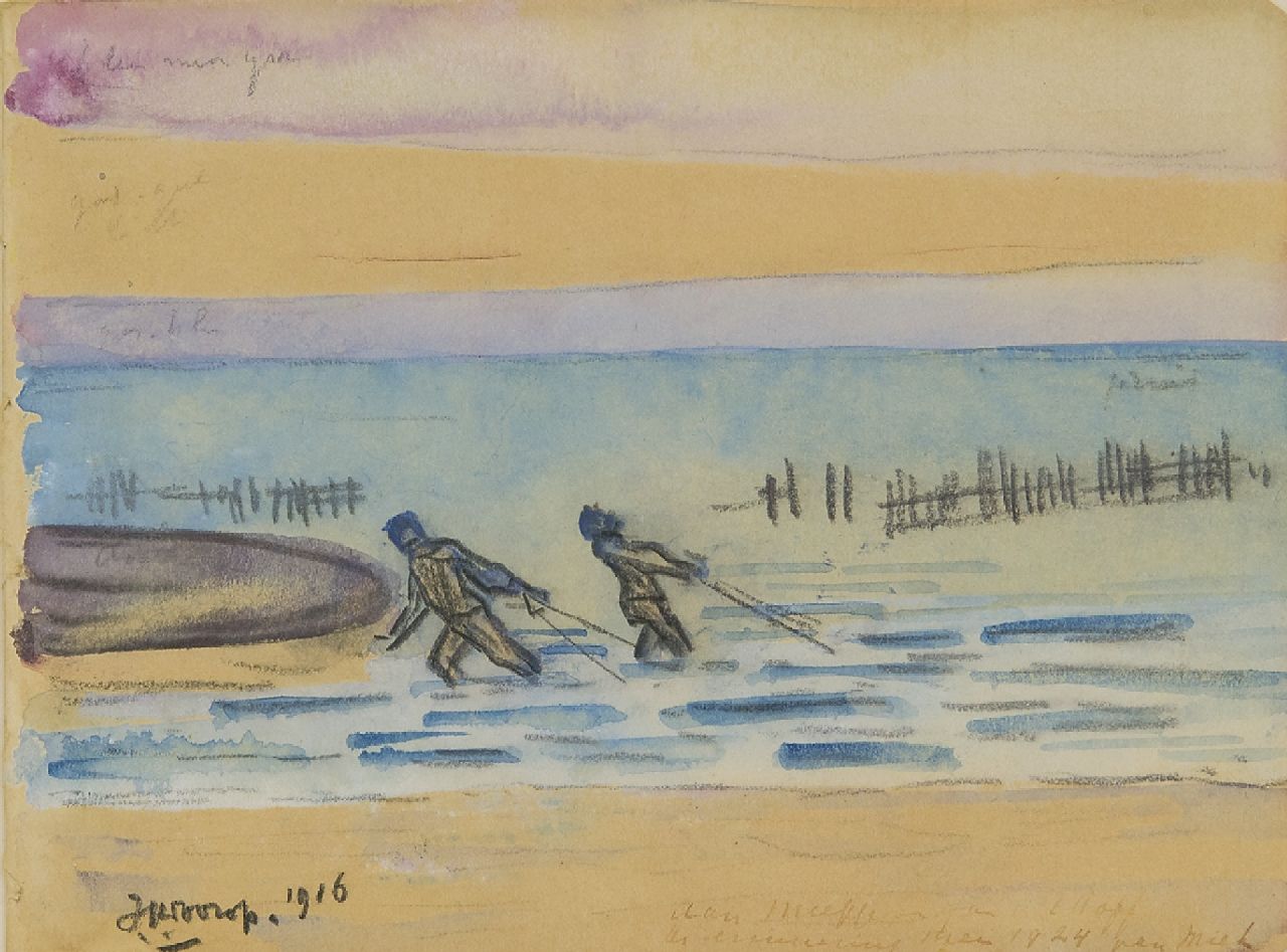 Toorop J.Th.  | Johannes Theodorus 'Jan' Toorop | Aquarellen en tekeningen te koop aangeboden | Zeeuwse garnalenvissers, zwart krijt en aquarel op papier 11,4 x 15,1 cm, gesigneerd linksonder en gedateerd 1916