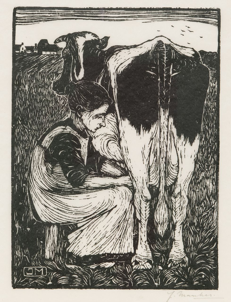 Mankes J. | Jan Mankes, Koemelkster, houtsnede op papier 20,5 x 16,2 cm, gesigneerd rechtsonder voluit (in potlood) en met mon. in het blok Mankes J. | Jan Mankes, Koemelkster, houtsnede op papier 20,5 x 16,2 cm, gesigneerd rechtsonder voluit (in potlood) en met mon. in het blok