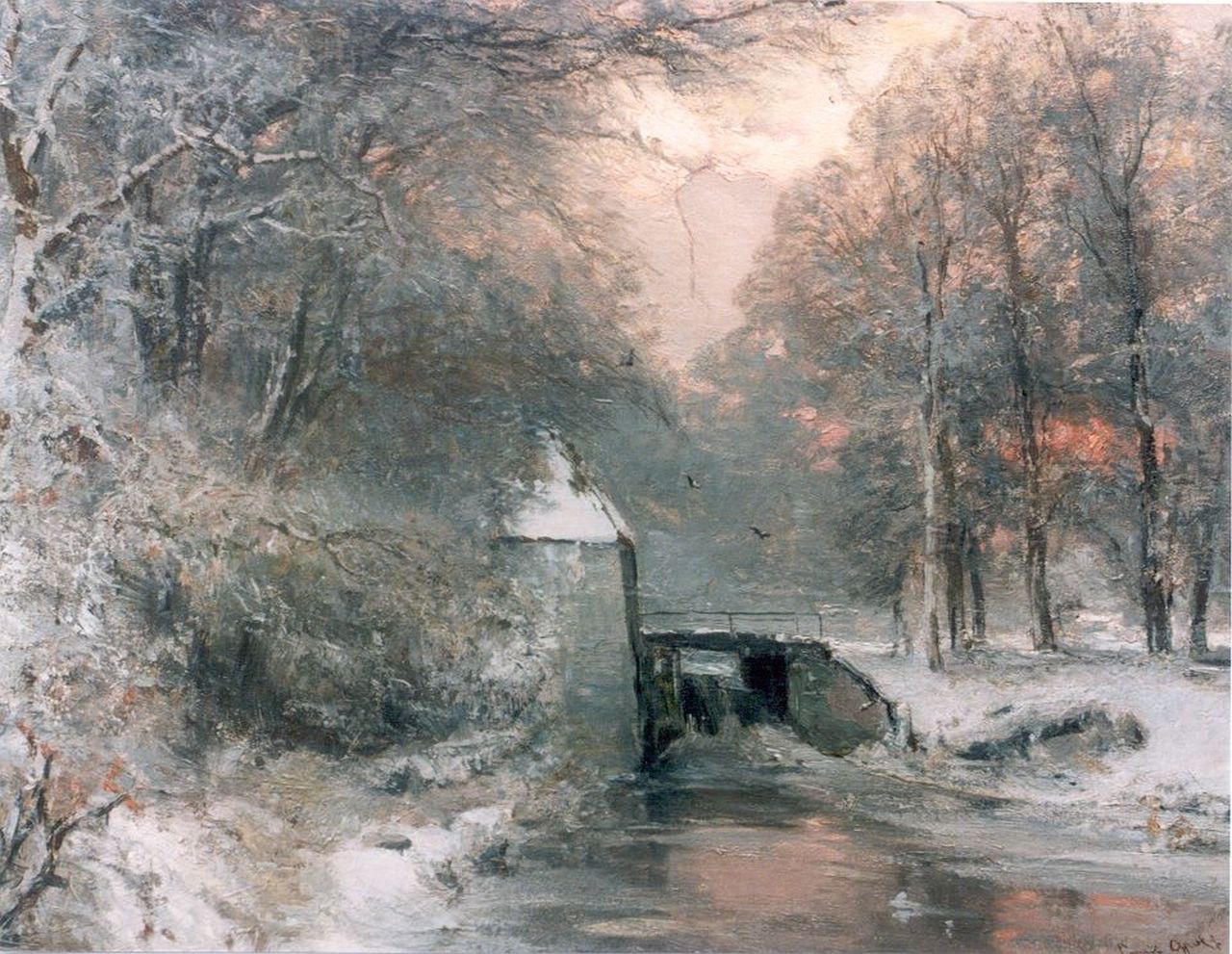 Apol L.F.H.  | Lodewijk Franciscus Hendrik 'Louis' Apol | Schilderijen te koop aangeboden | Avondstemming in een besneeuwd bos, olieverf op doek 62,3 x 77,9 cm, gesigneerd rechtsonder