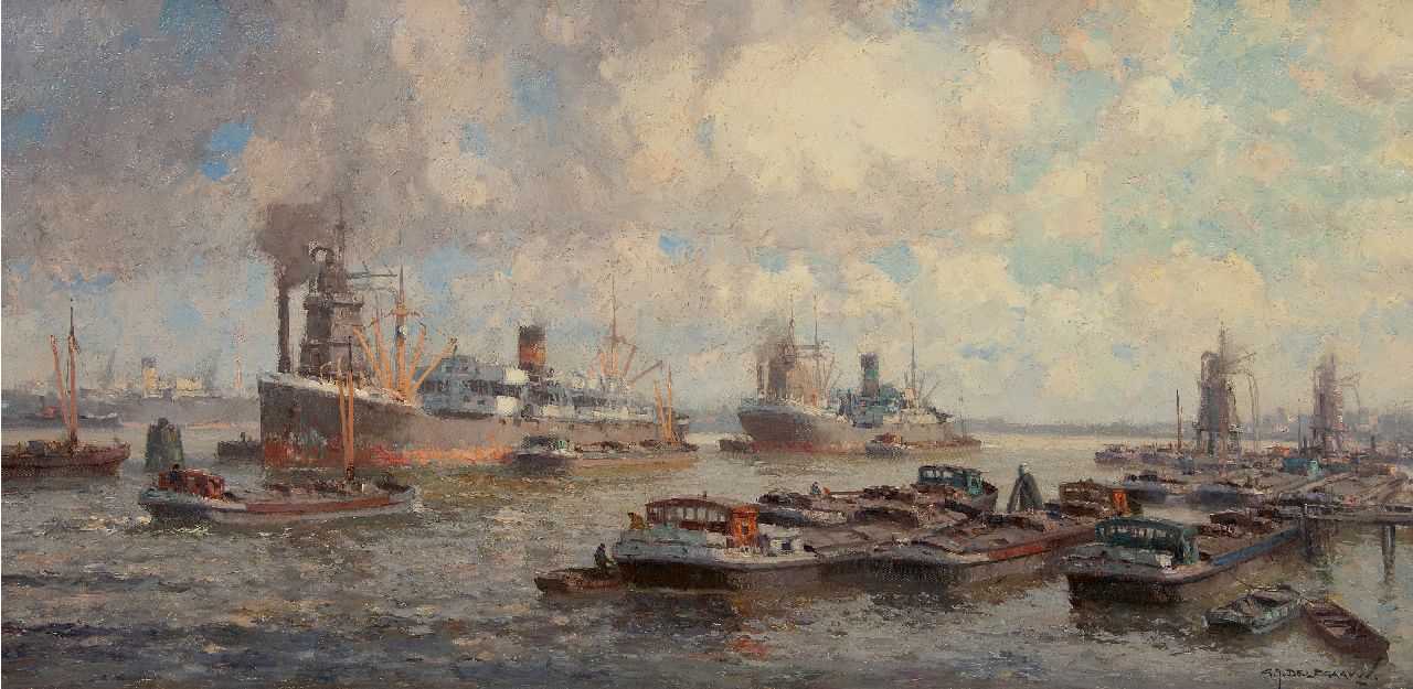 Delfgaauw G.J. | Gerardus Johannes 'Gerard' Delfgaauw, De haven van Rotterdam, olieverf op doek 60,6 x 120,7 cm, gesigneerd rechtsonder en zonder lijst Delfgaauw G.J. | Gerardus Johannes 'Gerard' Delfgaauw, De haven van Rotterdam, olieverf op doek 60,6 x 120,7 cm, gesigneerd rechtsonder en zonder lijst