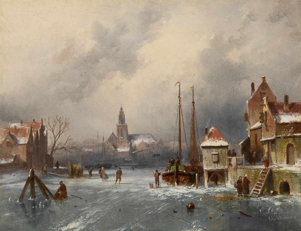 Leickert C.H.J.  | 'Charles' Henri Joseph Leickert, Winters stadsgezicht met schaatsers en koek-en-zopietent, olieverf op paneel 31,6 x 41,0 cm, gesigneerd rechtsonder