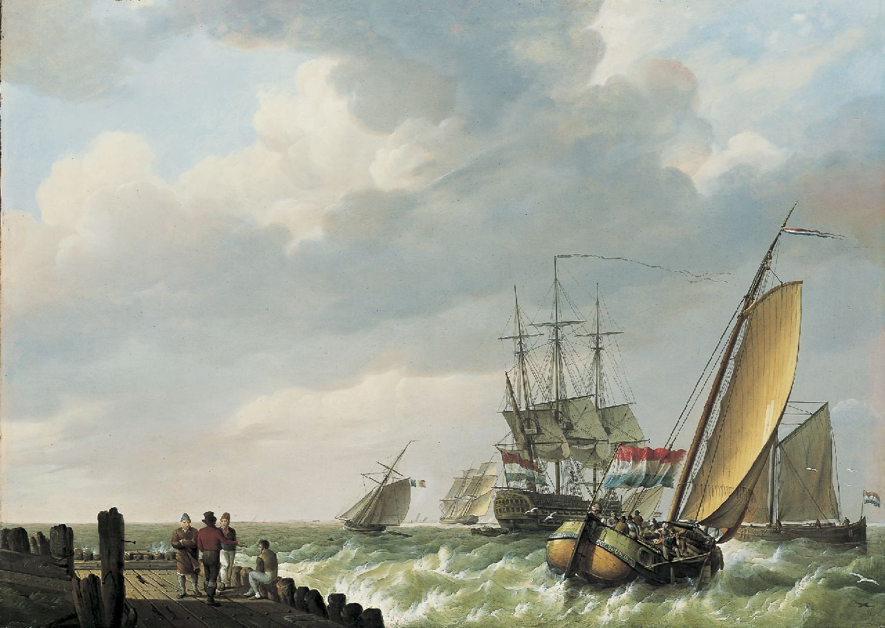 Koekkoek J.H. | Johannes Hermanus Koekkoek, Laverende zeilschepen voor de kust, olieverf op paneel 44,8 x 62,2 cm, gesigneerd linksonder en gedateerd 1810 Koekkoek J.H. | Johannes Hermanus Koekkoek, Laverende zeilschepen voor de kust, olieverf op paneel 44,8 x 62,2 cm, gesigneerd linksonder en gedateerd 1810