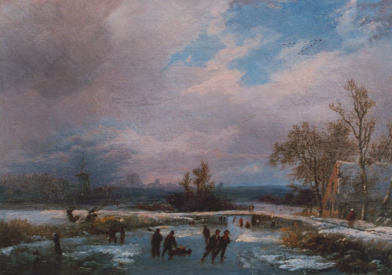Koekkoek I M.A.  | Marinus Adrianus Koekkoek I, IJsgezicht met schaatsers bij een hut, olieverf op paneel 17,2 x 26,0 cm, gesigneerd linksonder