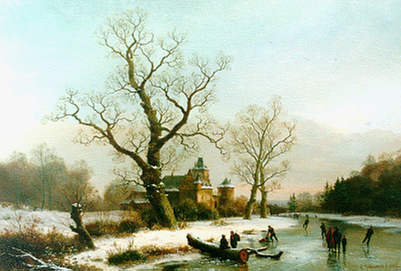 Bimmermann C.  | Caesar Bimmermann, Kasteel bij een bevroren vaart, olieverf op doek 65,8 x 96,0 cm, gesigneerd rechtsonder