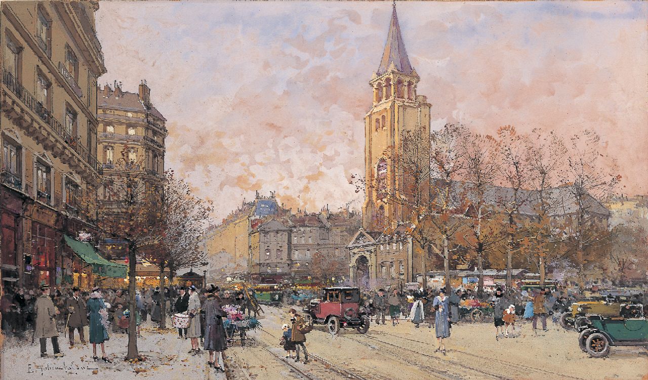 Galien-Laloue E.  | Eugène Galien-Laloue, Boulevard Saint-Germain, Parijs, aquarel en gouache op papier 27,0 x 46,0 cm, gesigneerd linksonder