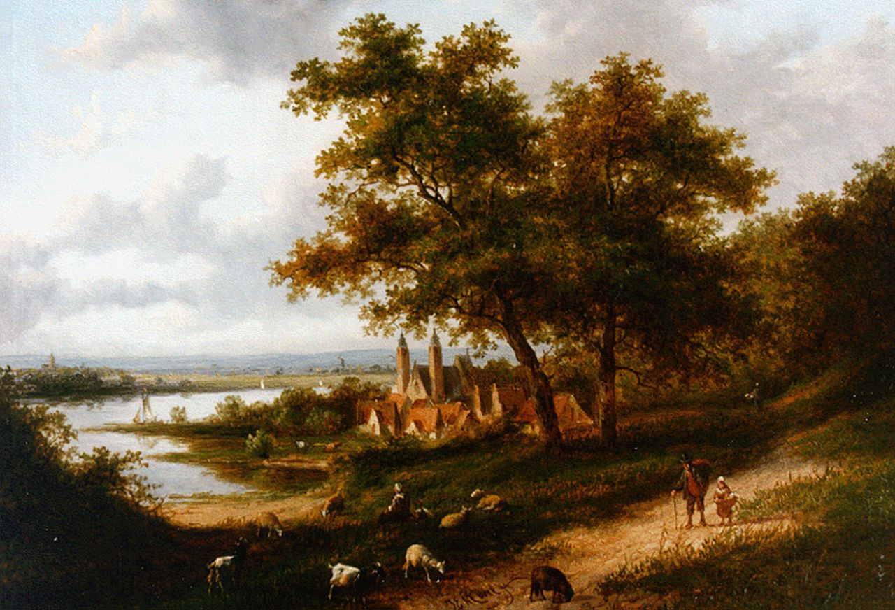 Morel II J.E.  | Jan Evert Morel II, Rivierlandschap met een dorpje, olieverf op paneel 24,4 x 35,0 cm, gesigneerd middenonder
