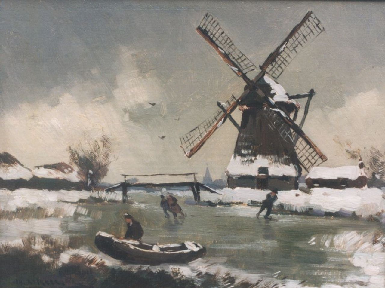 Knikker sr. J.S.  | 'Jan' Simon Knikker sr., Schaatsers op een bevroren vaart, olieverf op paneel 18,8 x 24,4 cm, gesigneerd linksonder