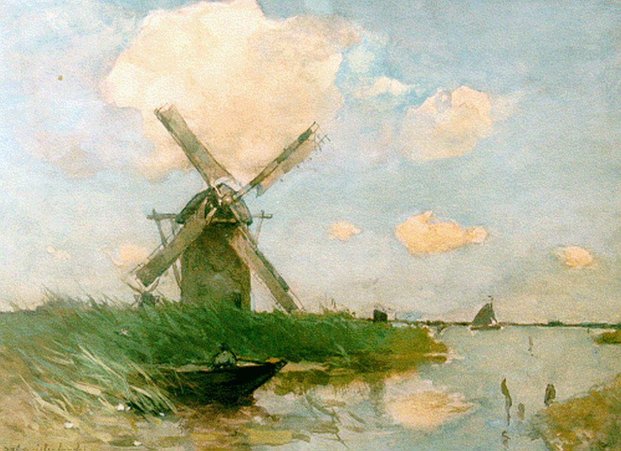 Weissenbruch H.J.  | Hendrik Johannes 'J.H.' Weissenbruch, Polderlandschap met molen, aquarel en gouache op papier 39,7 x 54,7 cm, gesigneerd linksonder
