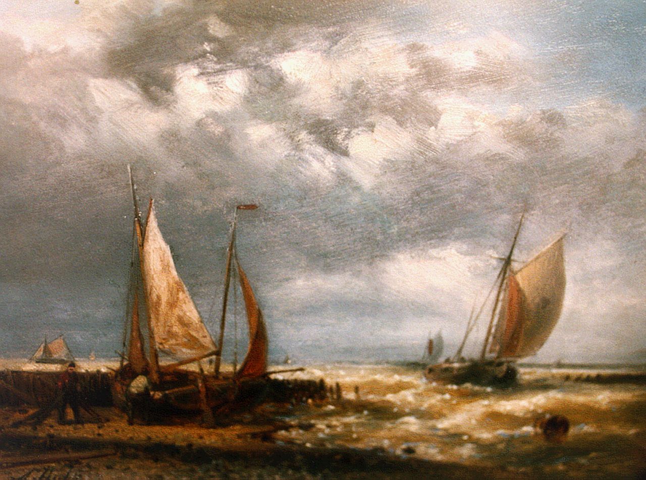 Hulk A. | Abraham Hulk, Platbodems bij havenmond, olieverf op paneel 15,0 x 20,3 cm, gesigneerd linksonder Hulk A. | Abraham Hulk, Platbodems bij havenmond, olieverf op paneel 15,0 x 20,3 cm, gesigneerd linksonder