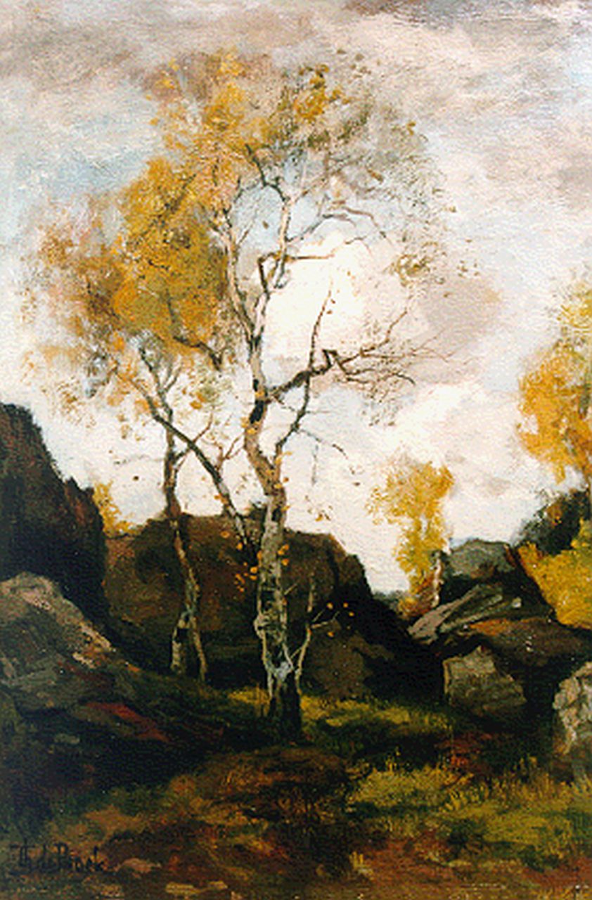 Bock T.E.A. de | Théophile Emile Achille de Bock, Vroege herfst in Barbizon, olieverf op paneel 41,5 x 30,5 cm, gesigneerd linksonder Bock T.E.A. de | Théophile Emile Achille de Bock, Vroege herfst in Barbizon, olieverf op paneel 41,5 x 30,5 cm, gesigneerd linksonder