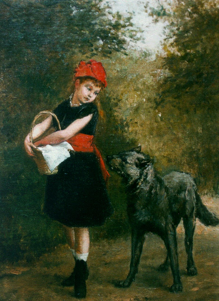 Roosenboom A.  | Albert Roosenboom, Roodkapje en de wolf, olieverf op doek 35,2 x 25,0 cm, gesigneerd rechtsonder en verso gedateerd 1880