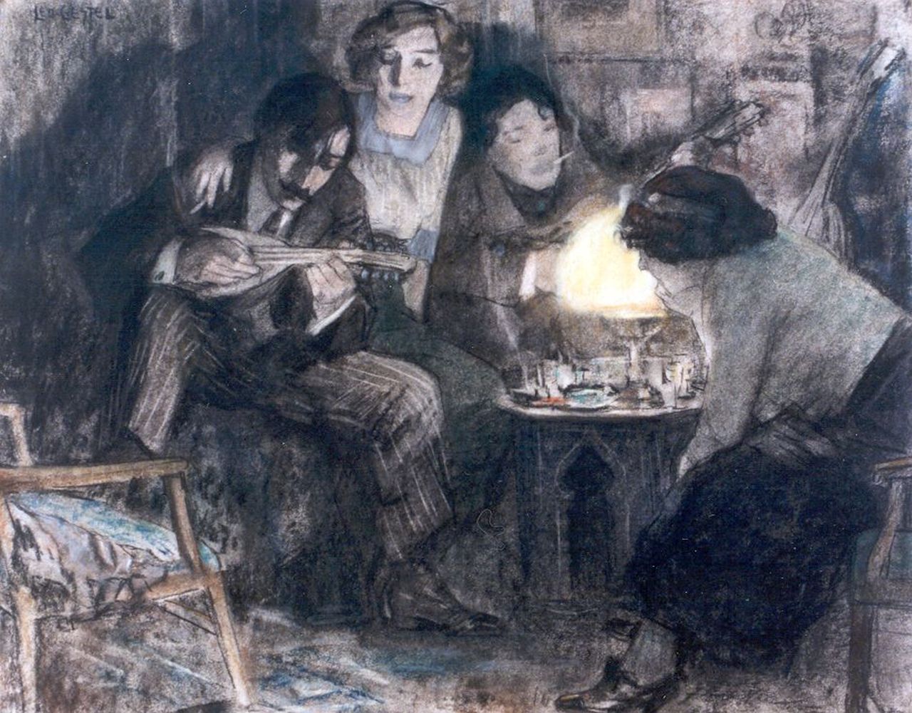Gestel L. | Leendert 'Leo' Gestel, Gezellig fuifavondje bij Boendermaker, pastel op papier 37,0 x 46,2 cm, gesigneerd linksboven en gedateerd 1910 Gestel L. | Leendert 'Leo' Gestel, Gezellig fuifavondje bij Boendermaker, pastel op papier 37,0 x 46,2 cm, gesigneerd linksboven en gedateerd 1910