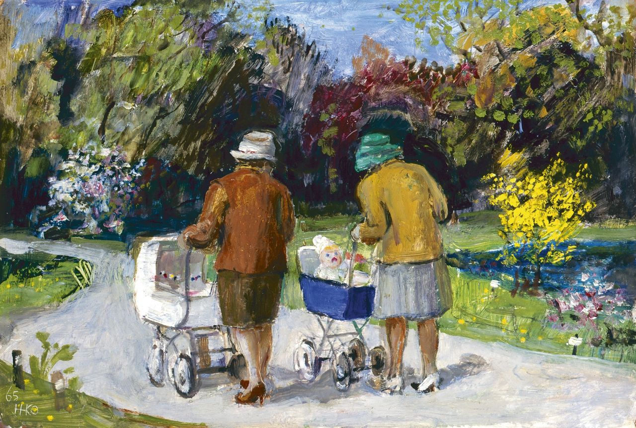 Kamerlingh Onnes H.H.  | 'Harm' Henrick Kamerlingh Onnes, Wandelende moeders achter de kinderwagen, 22,0 x 32,3 cm, gesigneerd linksonder monogram en gedateerd '65