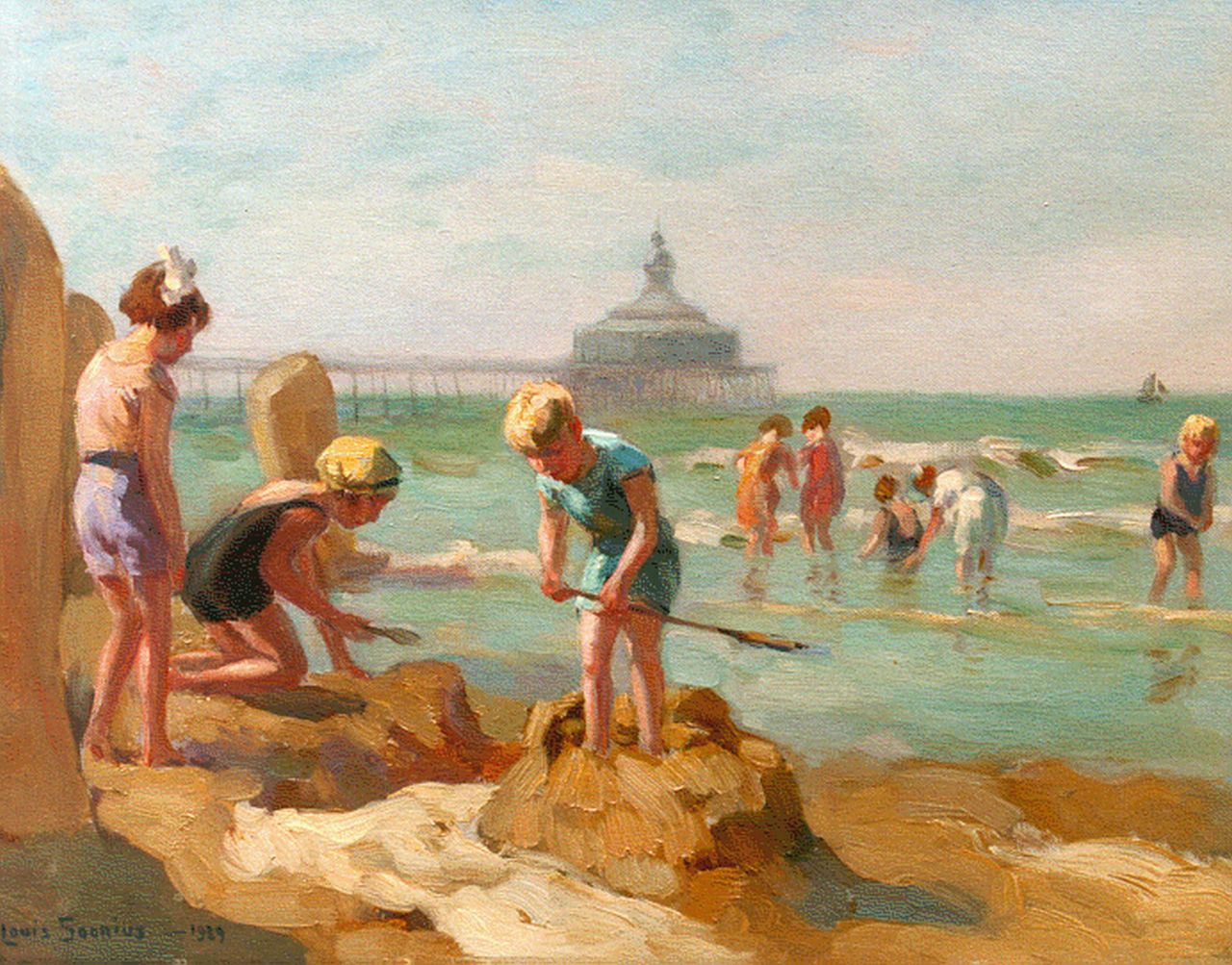 Soonius L. | Lodewijk 'Louis' Soonius, Spelende kinderen op het strand bij Scheveningen, olieverf op doek 27,6 x 35,3 cm, gesigneerd linksonder en gedateerd 1939 Soonius L. | Lodewijk 'Louis' Soonius, Spelende kinderen op het strand bij Scheveningen, olieverf op doek 27,6 x 35,3 cm, gesigneerd linksonder en gedateerd 1939