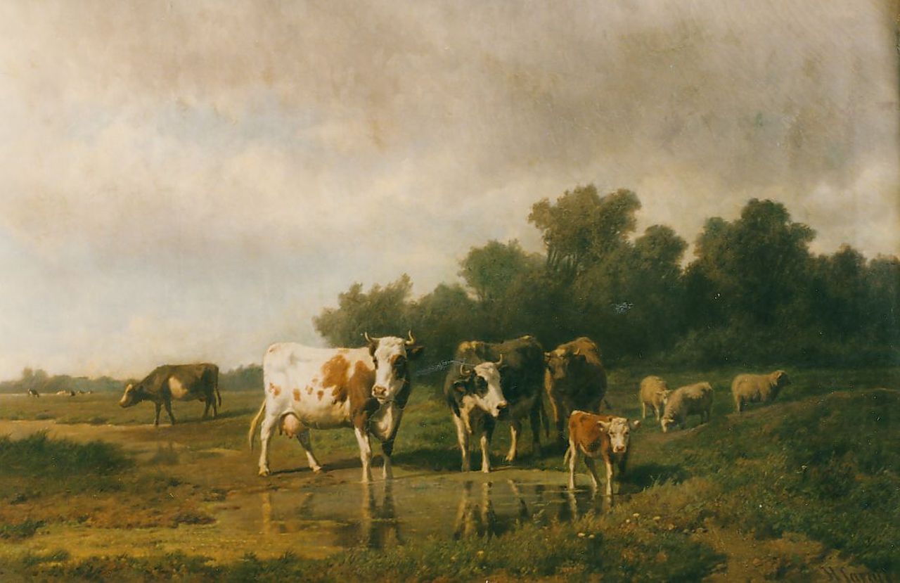 Savrij H. | Hendrik Savrij, Bont vee en schapen bij een waterplas, olieverf op doek 81,0 x 127,0 cm, gesigneerd rechtsonder Savrij H. | Hendrik Savrij, Bont vee en schapen bij een waterplas, olieverf op doek 81,0 x 127,0 cm, gesigneerd rechtsonder