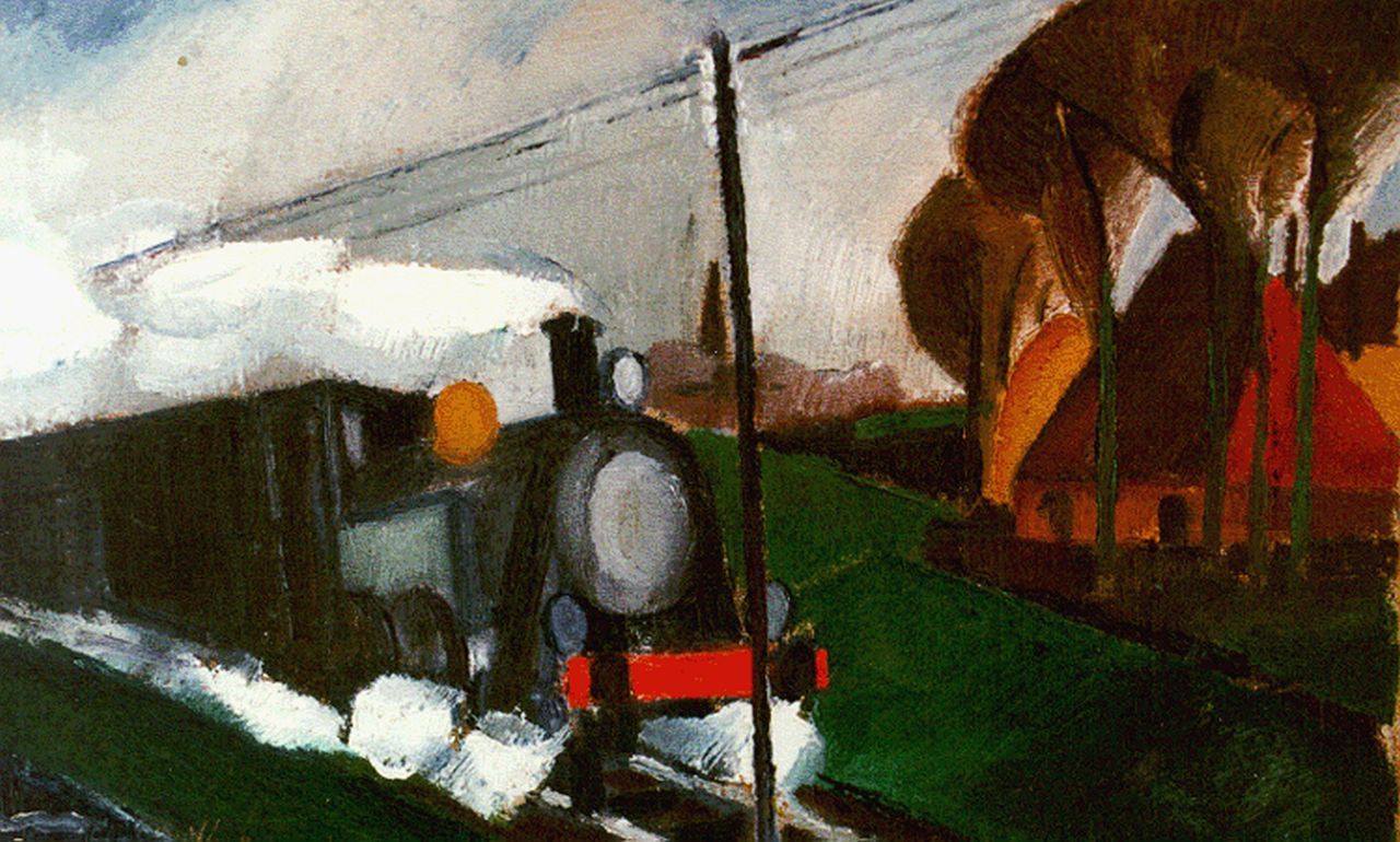 Bosma W. | Willem 'Wim' Bosma, Aanstormende trein, olieverf op doek 25,5 x 39,4 cm, gesigneerd linksonder en gedateerd '27 Bosma W. | Willem 'Wim' Bosma, Aanstormende trein, olieverf op doek 25,5 x 39,4 cm, gesigneerd linksonder en gedateerd '27