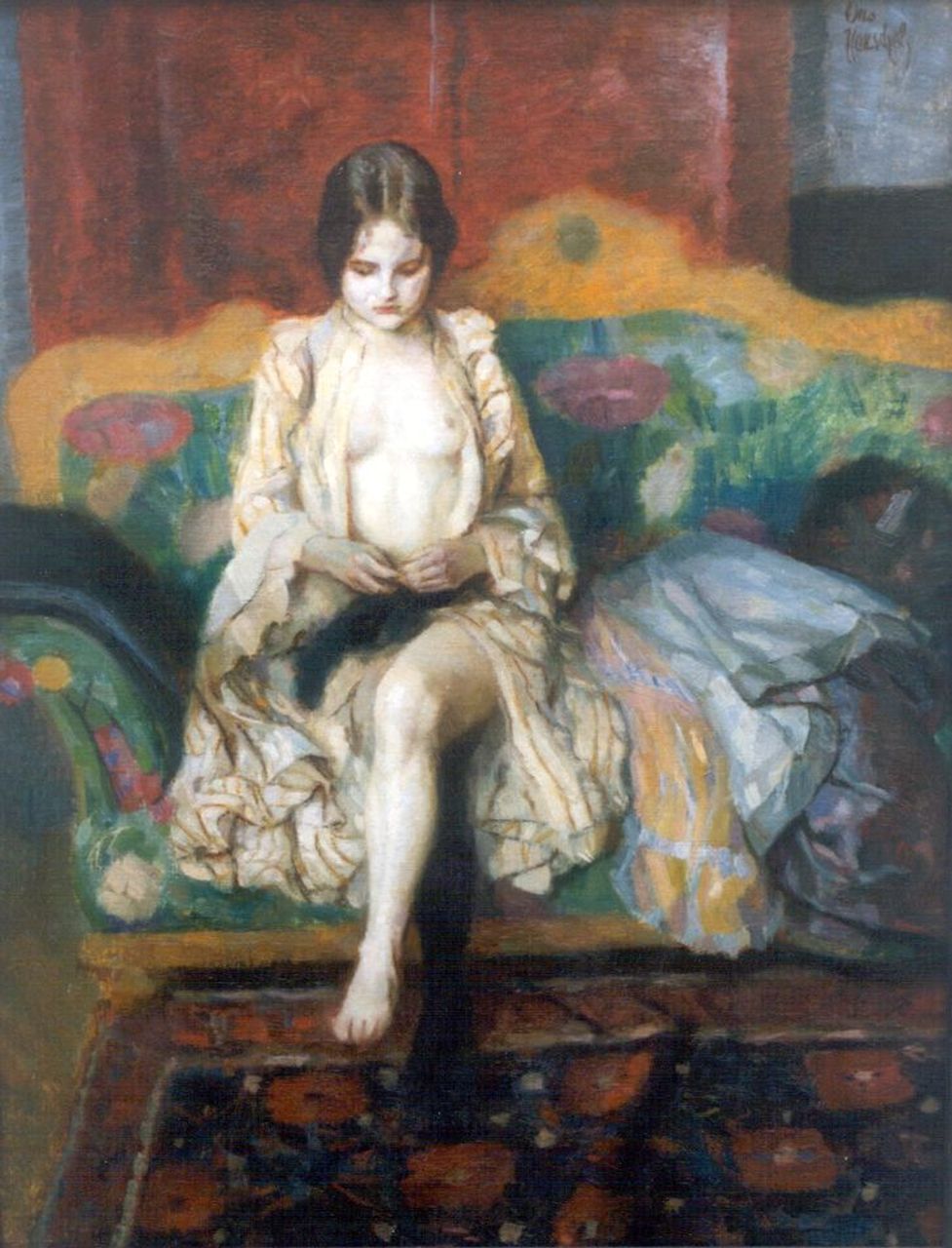 Herschel O.J. | Otto John Herschel, Jonge vrouw op een sofa, olieverf op doek 52,9 x 40,8 cm, gesigneerd rechtsboven Herschel O.J. | Otto John Herschel, Jonge vrouw op een sofa, olieverf op doek 52,9 x 40,8 cm, gesigneerd rechtsboven