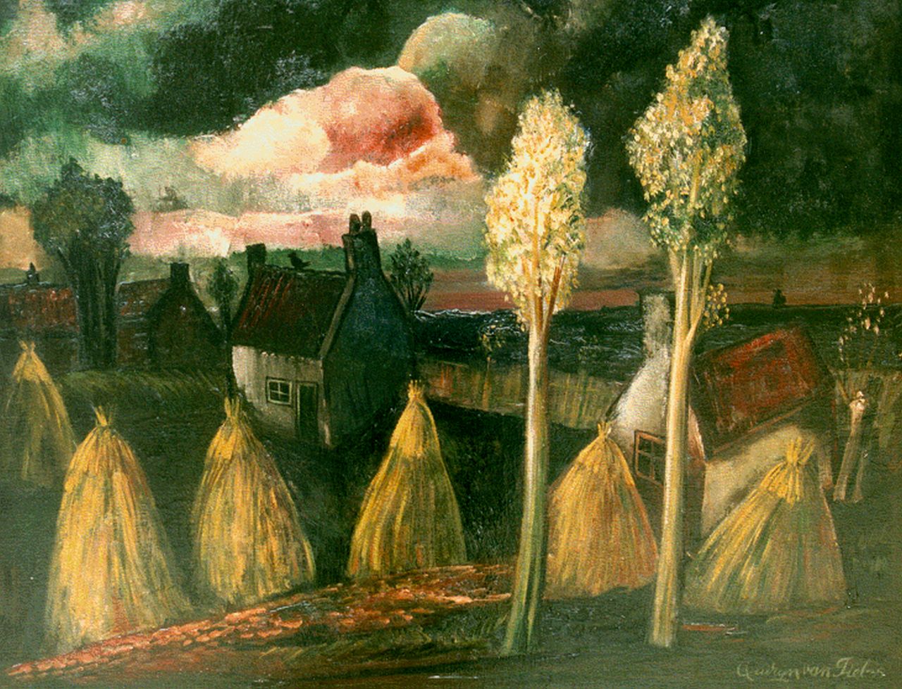 Tiel Q.M.A. van | Quirijn Martinus Adrianus 'Quiryn' van Tiel, Zomerlandschap met korenschoven, olieverf op doek 66,5 x 81,4 cm, gesigneerd rechtsonder en gedateerd '35