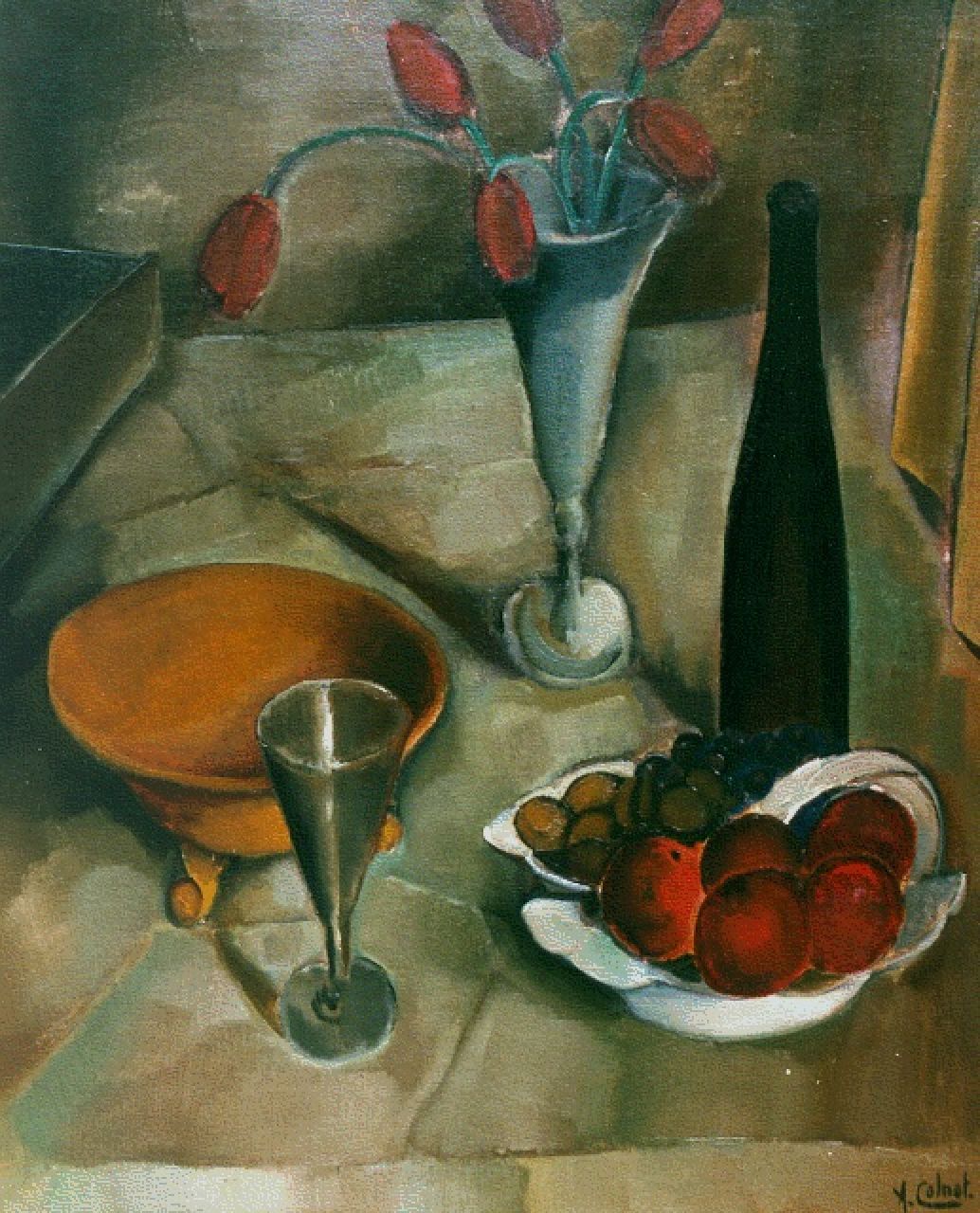 Colnot A.J.G. | 'Arnout' Jacobus Gustaaf Colnot, Stilleven met fles en fruit, olieverf op doek 76,5 x 64,4 cm, gesigneerd rechtsonder Colnot A.J.G. | 'Arnout' Jacobus Gustaaf Colnot, Stilleven met fles en fruit, olieverf op doek 76,5 x 64,4 cm, gesigneerd rechtsonder