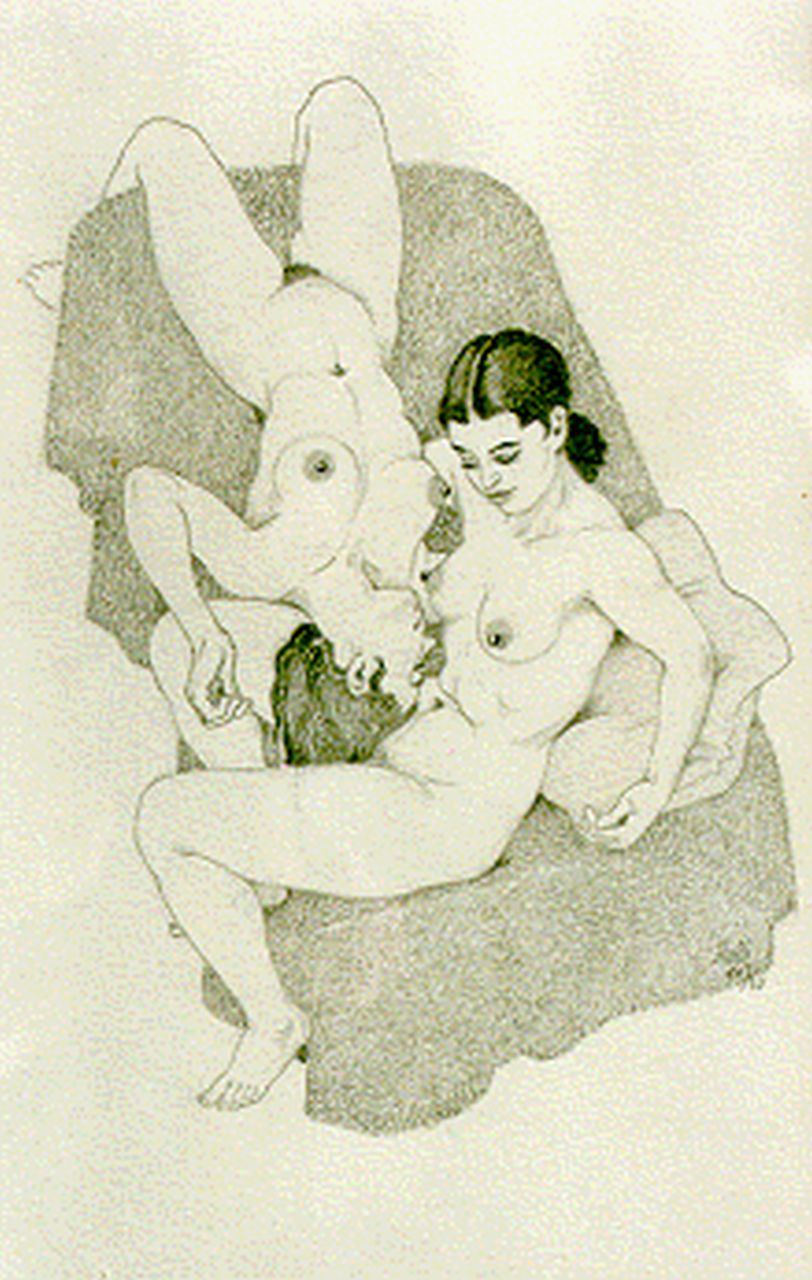 Ru H.B.W. de | Huibert Bernardus Wilhelmus 'Huib' de Ru, Zittend en liggend naakt, potlood op papier 25,5 x 17,0 cm, gesigneerd r.o/h m.