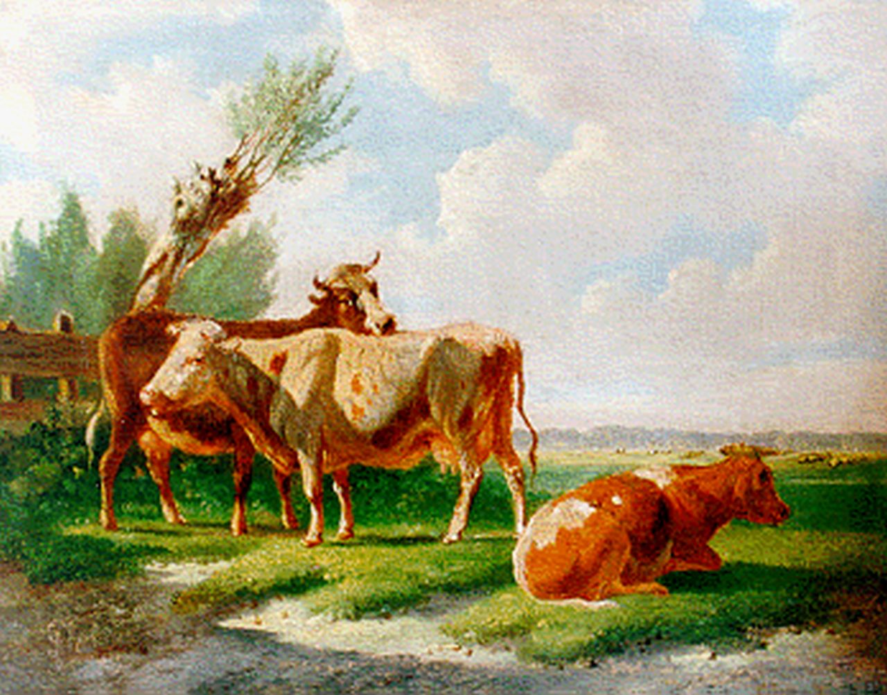 Verhoesen A. | Albertus Verhoesen, Rustend vee in een weiland, olieverf op paneel 13,0 x 16,7 cm, gesigneerd linksonder en gedateerd 1869 Verhoesen A. | Albertus Verhoesen, Rustend vee in een weiland, olieverf op paneel 13,0 x 16,7 cm, gesigneerd linksonder en gedateerd 1869