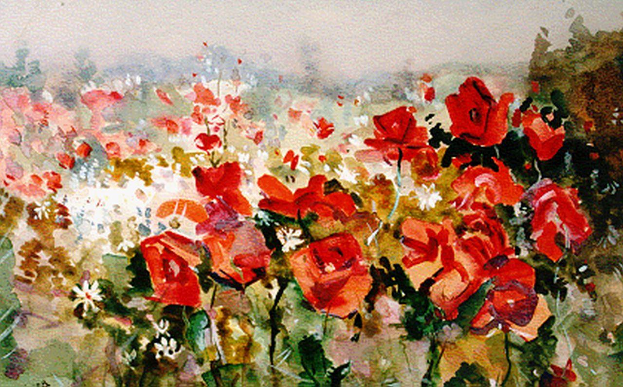 Knikker sr. J.S. | 'Jan' Simon Knikker sr., Veld van klaprozen, aquarel op papier 24,0 x 37,0 cm, gesigneerd linksonder Knikker sr. J.S. | 'Jan' Simon Knikker sr., Veld van klaprozen, aquarel op papier 24,0 x 37,0 cm, gesigneerd linksonder