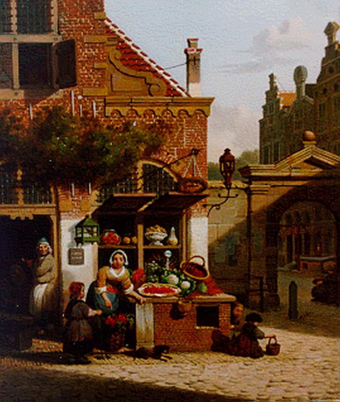Verheijen J.H.  | Jan Hendrik Verheijen, Stadsgezicht met fruitstal, olieverf op paneel 20,6 x 17,8 cm, gesigneerd op deur