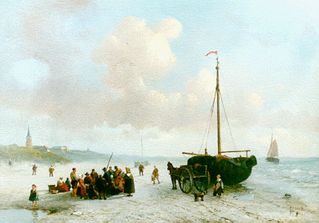 Wilbers A.P.H. | Adrianus Petrus Hendrikus Wilbers, Vissers op het strand van Scheveningen, olieverf op paneel 29,4 x 41,3 cm, gesigneerd rechtsonder en gedateerd '52 Wilbers A.P.H. | Adrianus Petrus Hendrikus Wilbers, Vissers op het strand van Scheveningen, olieverf op paneel 29,4 x 41,3 cm, gesigneerd rechtsonder en gedateerd '52