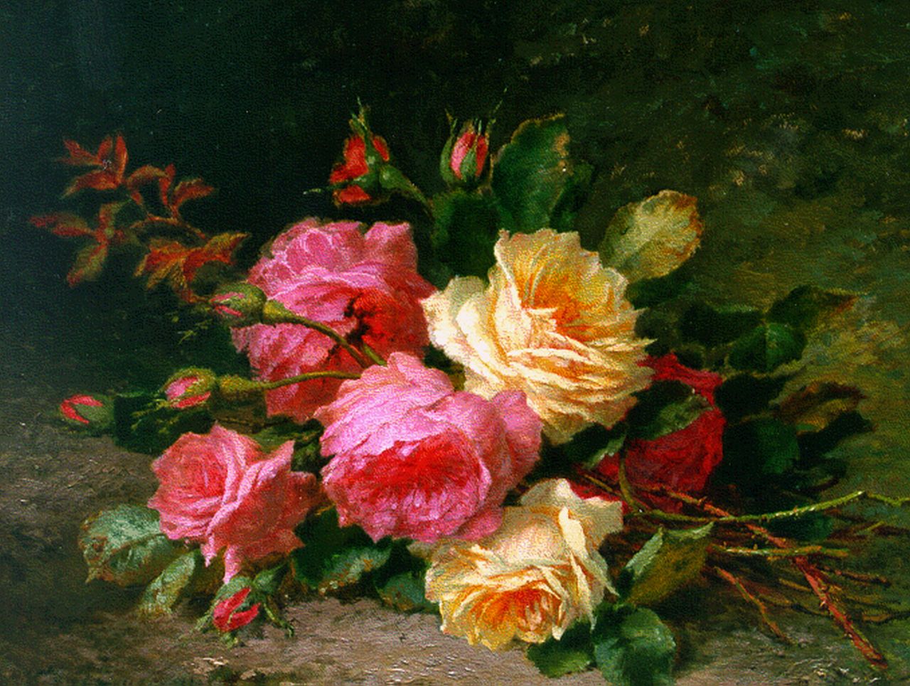 Naeyer C. de | Charles de Naeyer, Boeket rozen, olieverf op doek 37,5 x 46,7 cm, gesigneerd rechtsonder Naeyer C. de | Charles de Naeyer, Boeket rozen, olieverf op doek 37,5 x 46,7 cm, gesigneerd rechtsonder