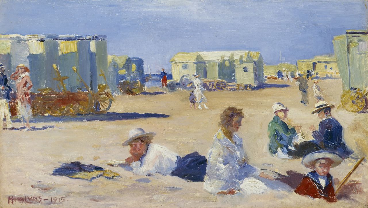 Luns H.M. | Hubert Marie 'Huib' Luns, Zonnige stranddag, olieverf op doek op schildersboard 19,9 x 34,4 cm, gesigneerd linksonder en gedateerd 1915 Luns H.M. | Hubert Marie 'Huib' Luns, Zonnige stranddag, olieverf op doek op schildersboard 19,9 x 34,4 cm, gesigneerd linksonder en gedateerd 1915