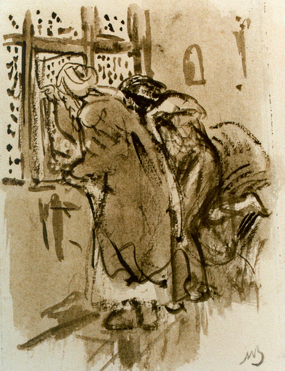 Bauer M.A.J. | 'Marius' Alexander Jacques Bauer, Twee arabieren 'de voyeurs', sepia op papier 18,5 x 13,0 cm, gesigneerd rechtsonder mon Bauer M.A.J. | 'Marius' Alexander Jacques Bauer, Twee arabieren 'de voyeurs', sepia op papier 18,5 x 13,0 cm, gesigneerd rechtsonder mon