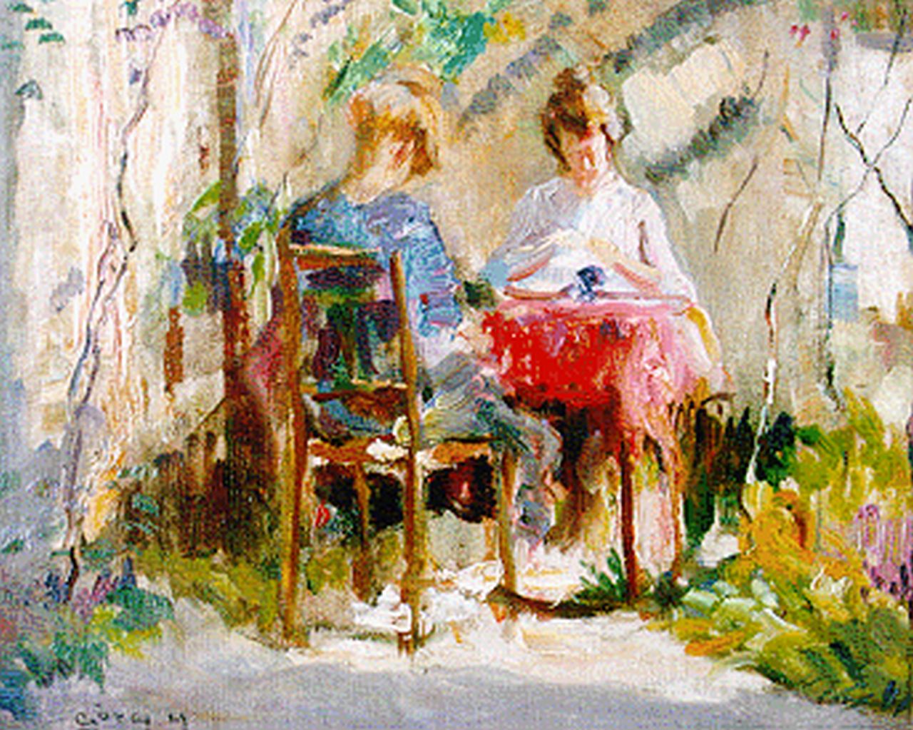 Góth M. | Móritz 'Maurice' Góth, Ada en Sarika in de tuin te Oosterbeek, olieverf op doek op paneel 21,6 x 26,8 cm, gesigneerd linksonder Góth M. | Móritz 'Maurice' Góth, Ada en Sarika in de tuin te Oosterbeek, olieverf op doek op paneel 21,6 x 26,8 cm, gesigneerd linksonder